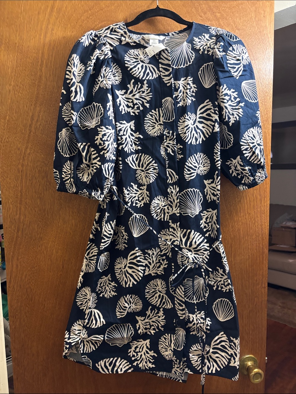 Women’s Navy Shell-Print Casual Dress with Tie Waist